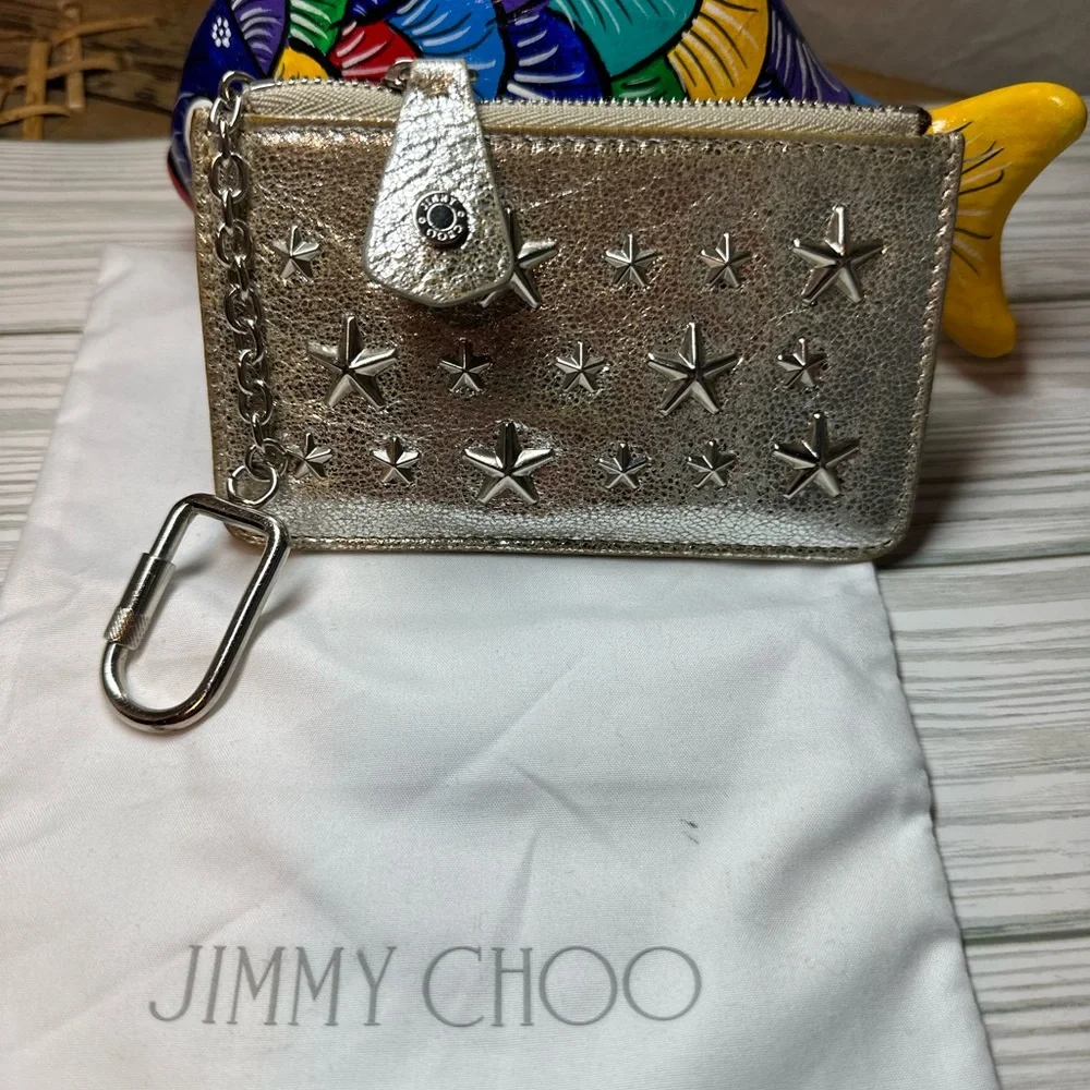 🩶Metallic Silver Jimmy Choo Star Studded Key holder coin pouch with Dustbag